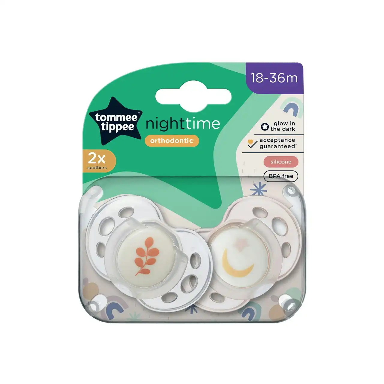 Tommee Tippee Nighttime soother, 18-36 months, 2 pack of glow in the dark soothers with reusable steriliser pod