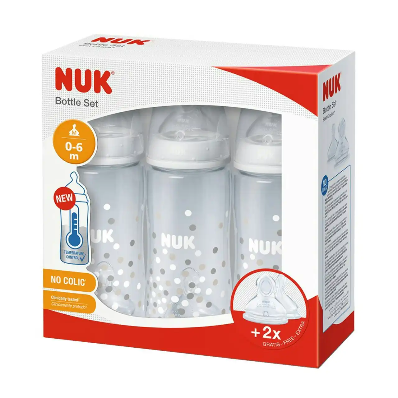NUK First Choice+ Baby Bottle Set 0-6m 300ml, Includes 3 x Anti-Colic Bottles, 2 x Extra Teats, 5 Pack - Safari
