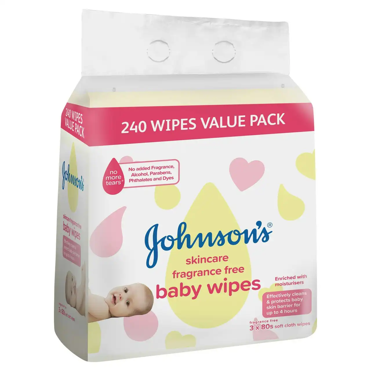Johnson's Skincare Fragrance Free Baby Wipes 3 x 80 Pack