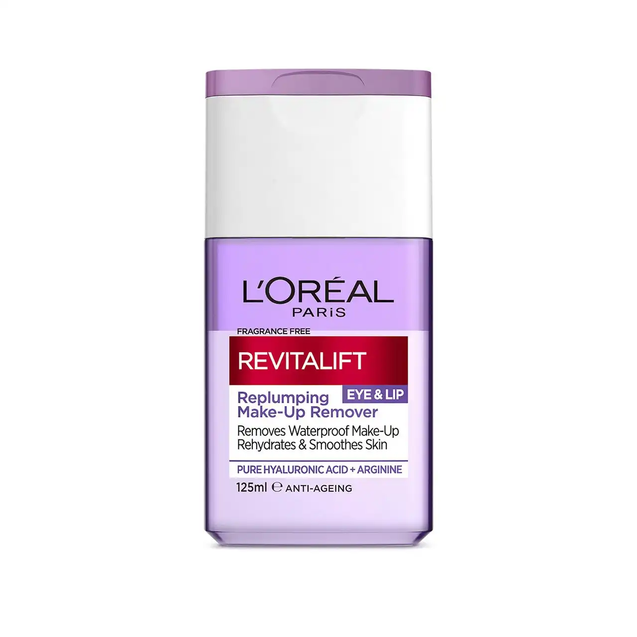 L'Oreal Paris Revitalift Filler Hyaluronic Acid Fragrance Free Plumping Eye & Lip Waterproof Makeup Remover suitable for Sensitive Skin 125ml