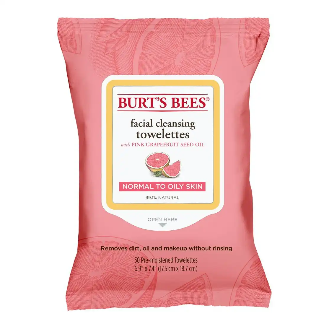 Burt's Bees Facial Cleansing Towelettes With Pink Grapefruit Seed Oil 30