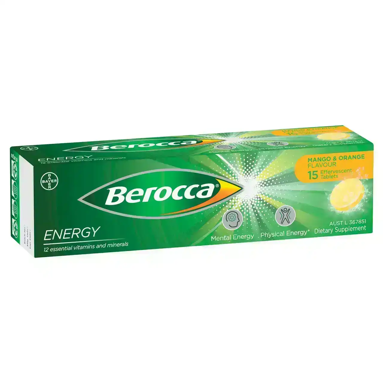 Berocca Energy Vitamin B &amp; C Mango &amp; Orange Flavour Effervescent Tablets 15 Pack