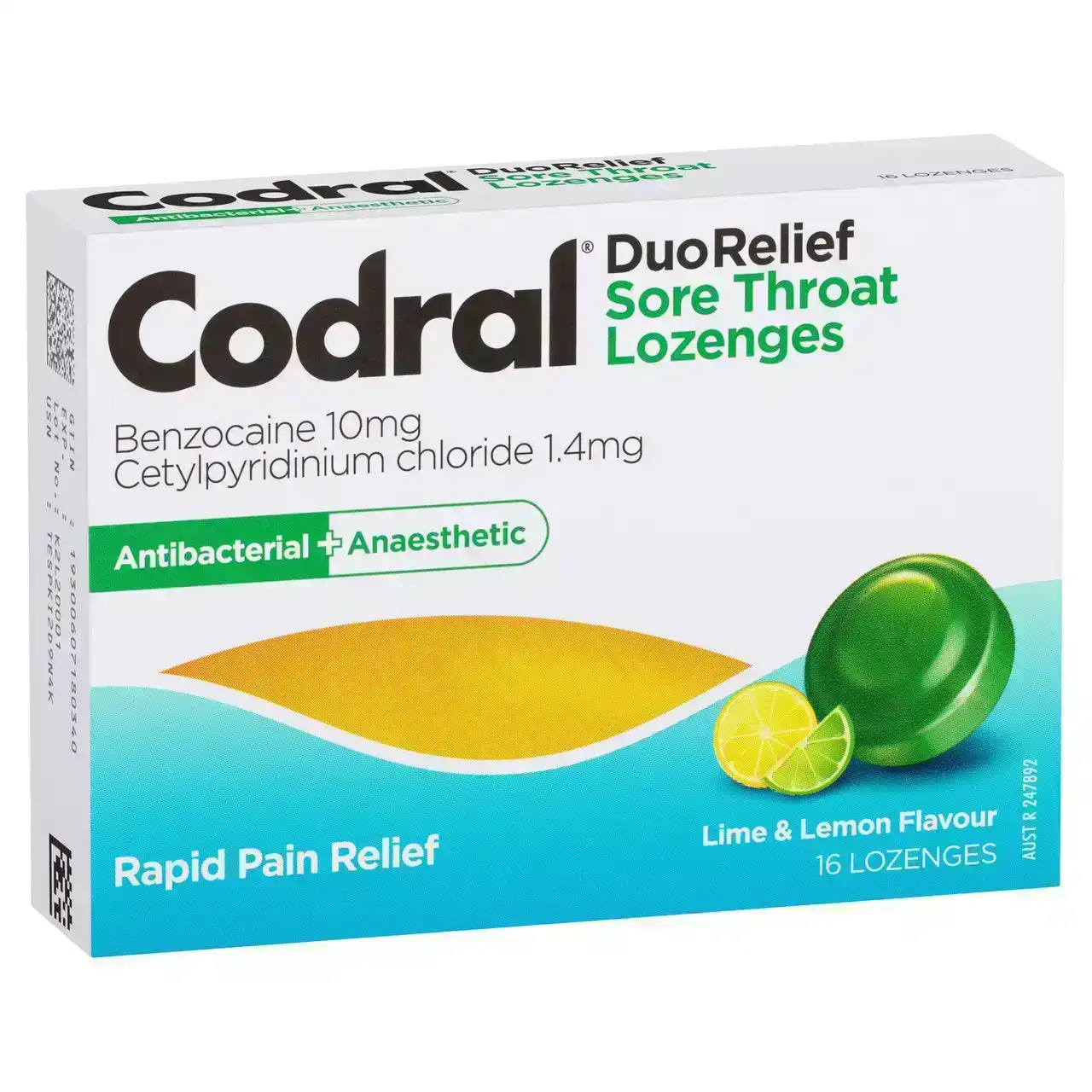 CODRAL Sore Throat Relief Lozenges Antibacterial + Anaesthetic Lime &amp; Lemon 16 Pack