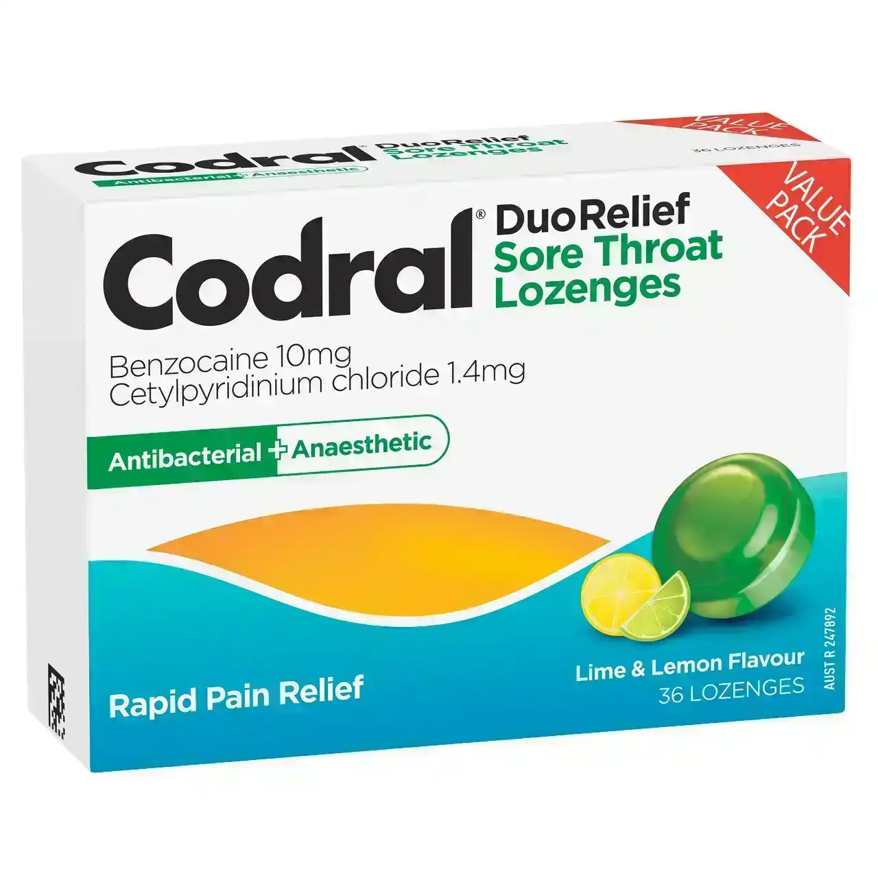 CODRAL Sore Throat Relief Lozenges Antibacterial + Anaesthetic Lime &amp; Lemon 36 Pack