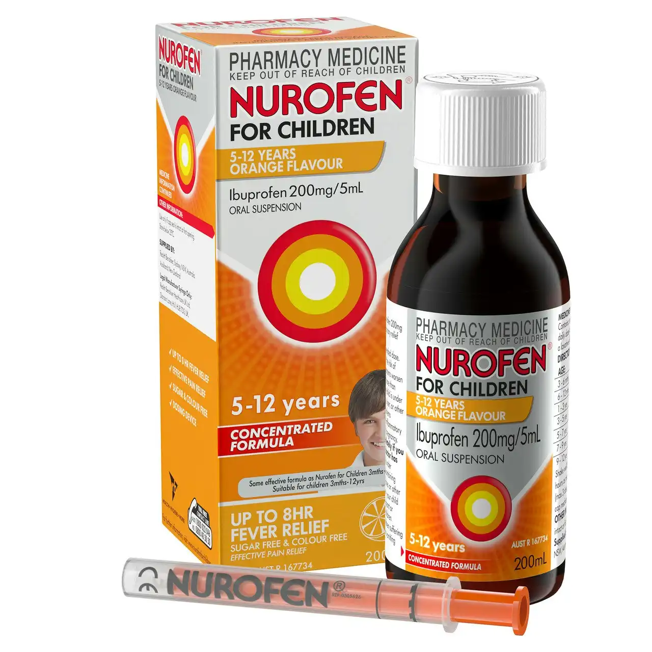 Nurofen For Children 5-12yrs Pain and Fever Relief Concentrated Liquid 200mg/5mL Ibuprofen Orange 200mL