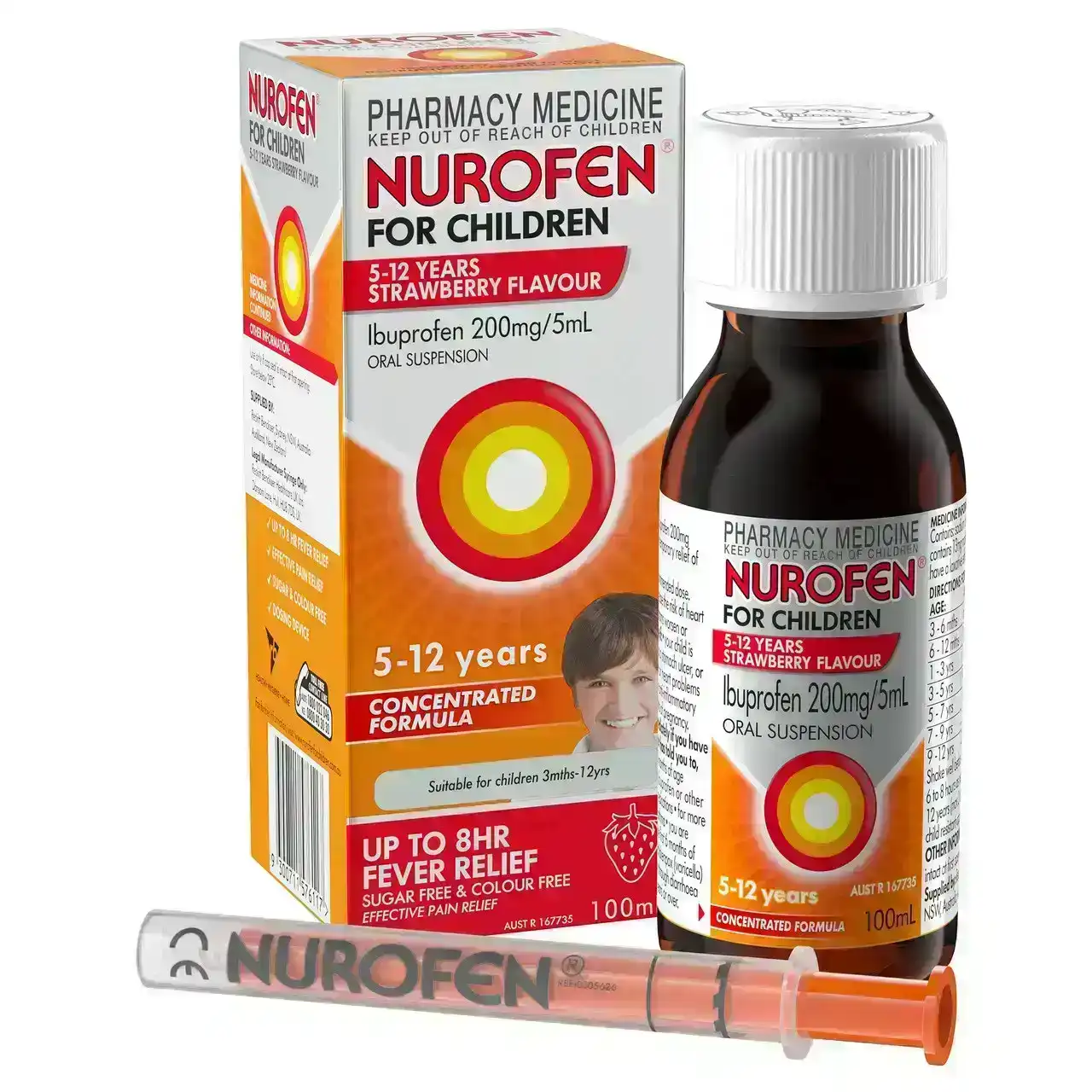 Nurofen For Children 5-12yrs Pain and Fever Relief Concentrated Liquid 200mg/5mL Ibuprofen Strawberry 100mL