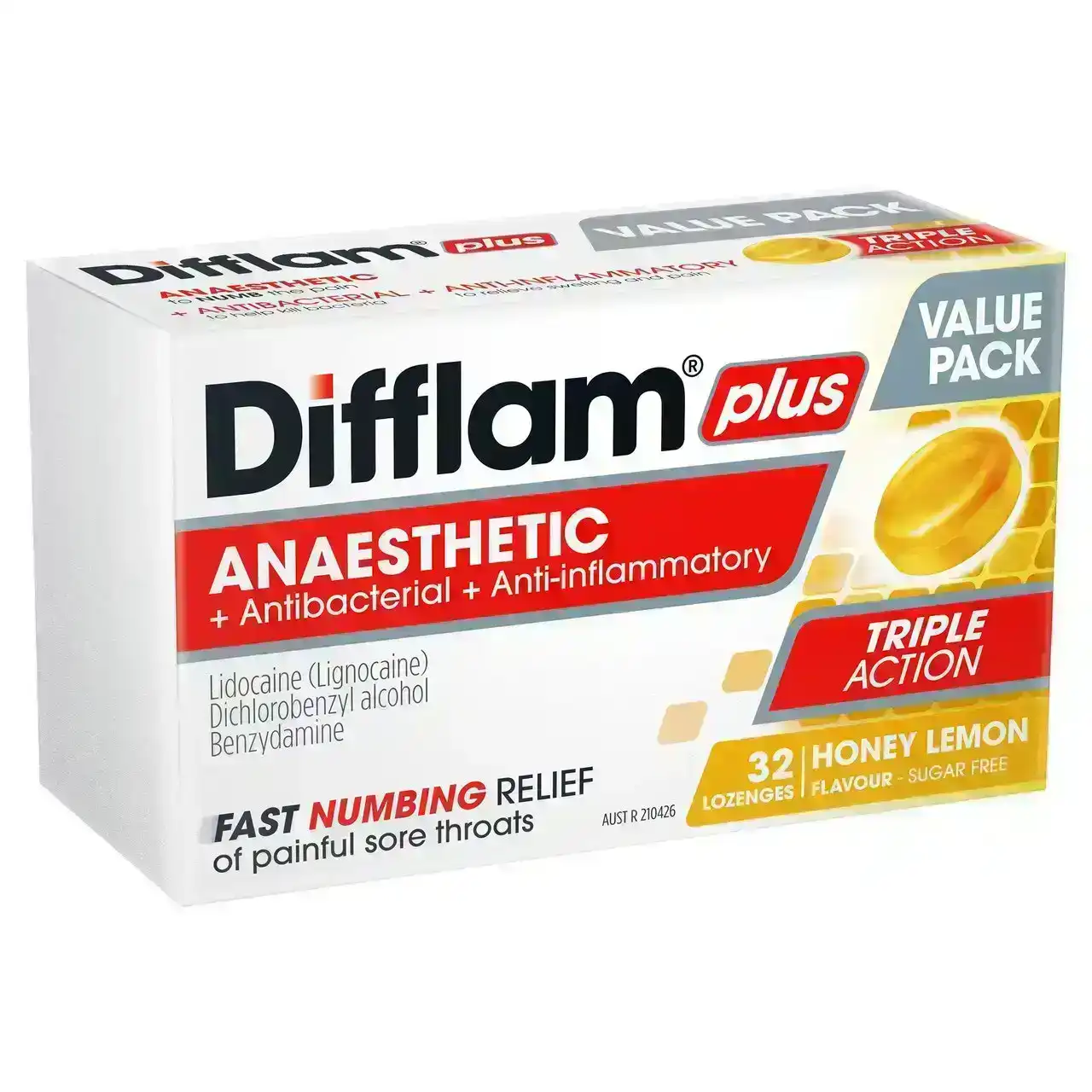 Difflam Plus Anaesthetic Sore Throat Lozenges Honey &amp; Lemon Flavour 32 Pack