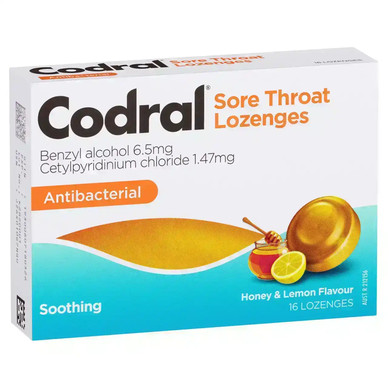 CODRAL Sore Throat Relief Lozenges Antibacterial Honey &amp; Lemon 16 Pack