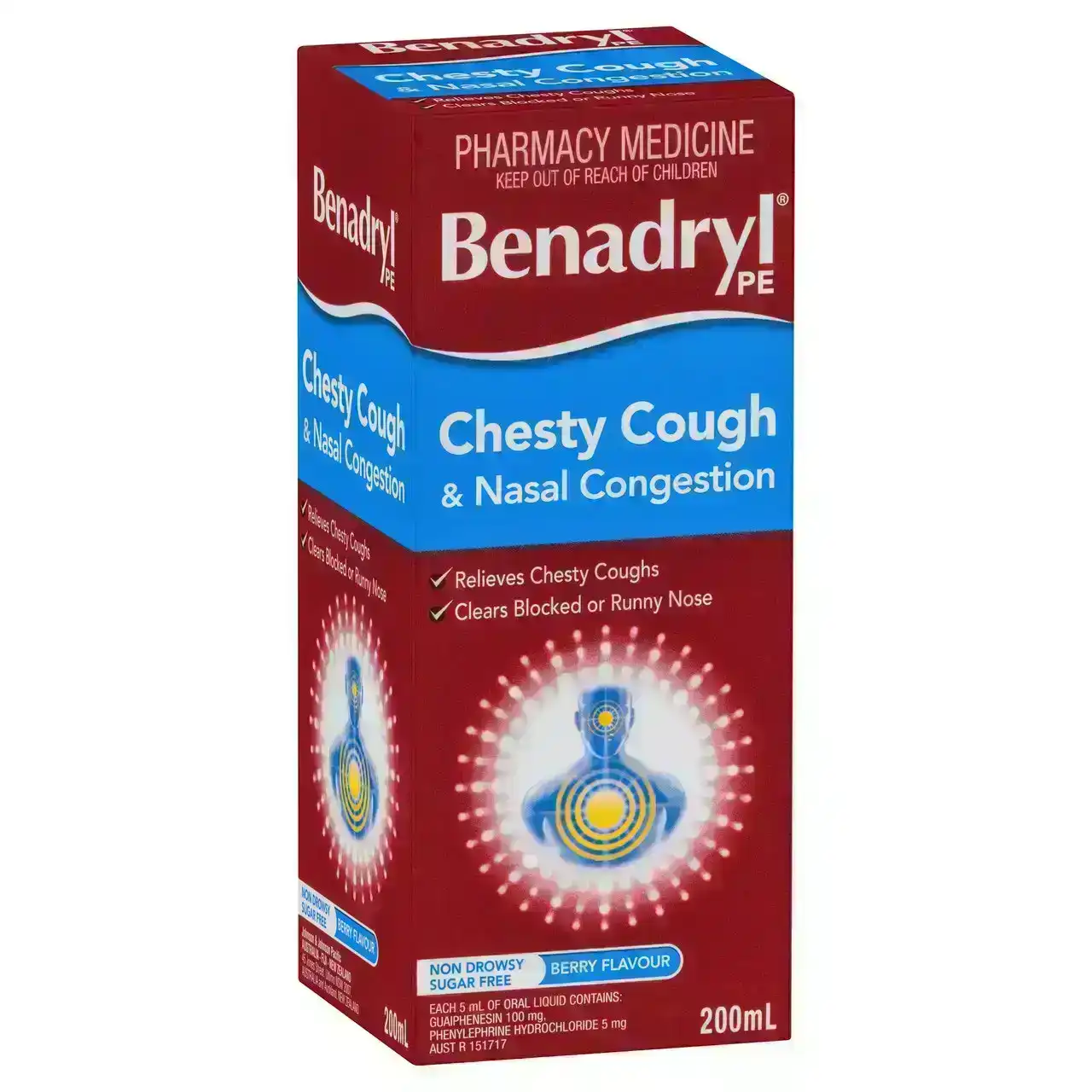 Benadryl PE Chesty Cough &amp; Nasal Congestion Liquid Berry Flavour 200mL