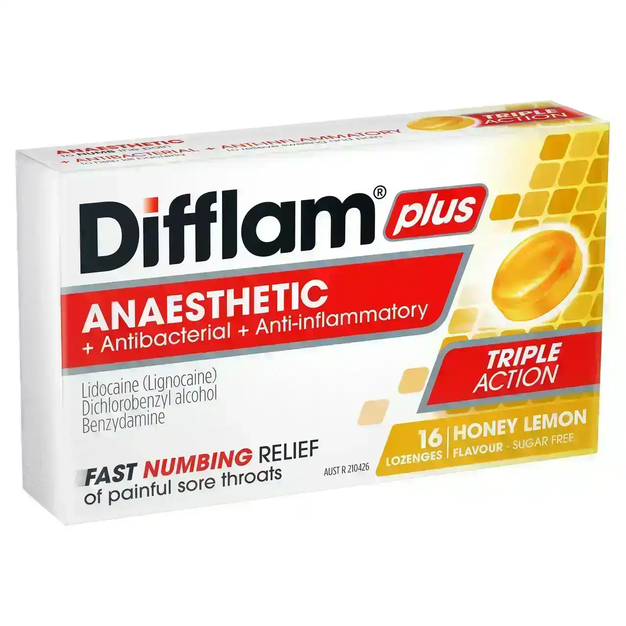 Difflam Plus Anaesthetic Sore Throat Lozenges Honey &amp; Lemon Flavour 16s