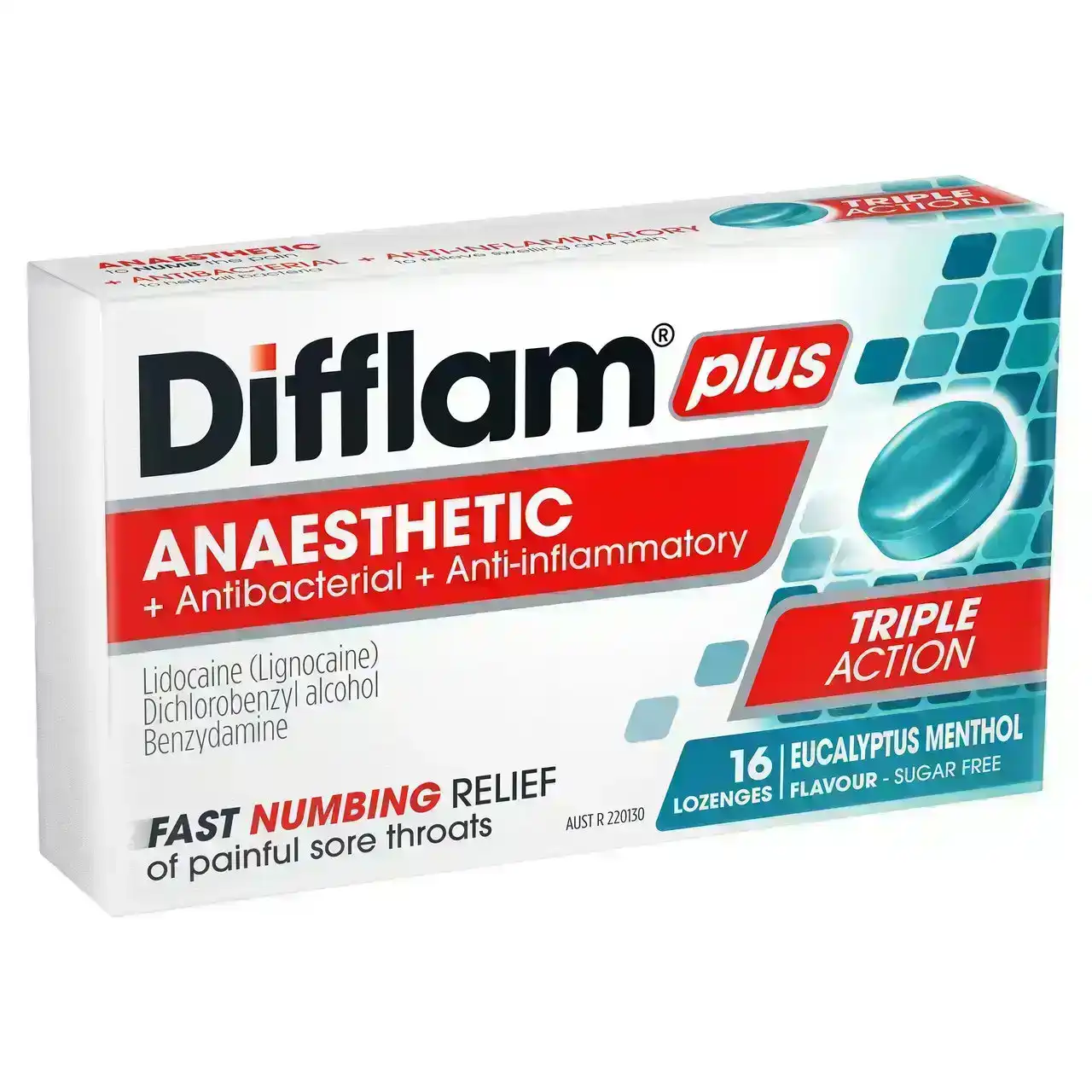 Difflam Plus Anaesthetic Sore Throat Lozenges Eucalyptus &amp; Menthol Flavour 16s