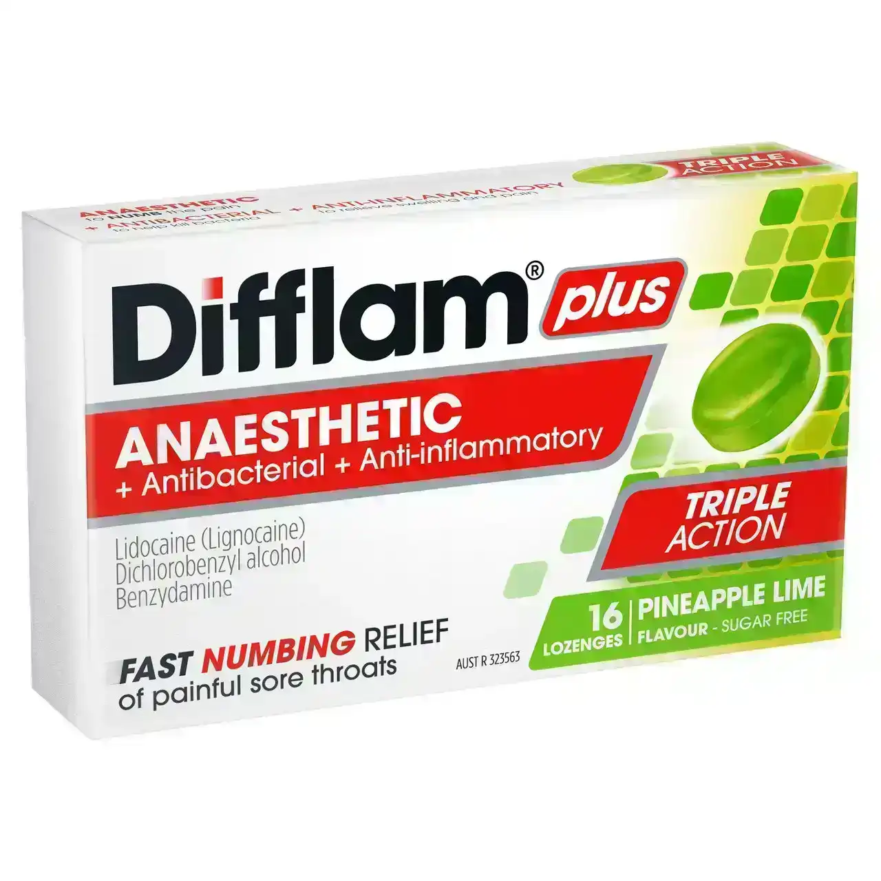 Difflam Plus Anaesthetic Sore Throat Lozenges Pineapple &amp; Lime Flavour 16s
