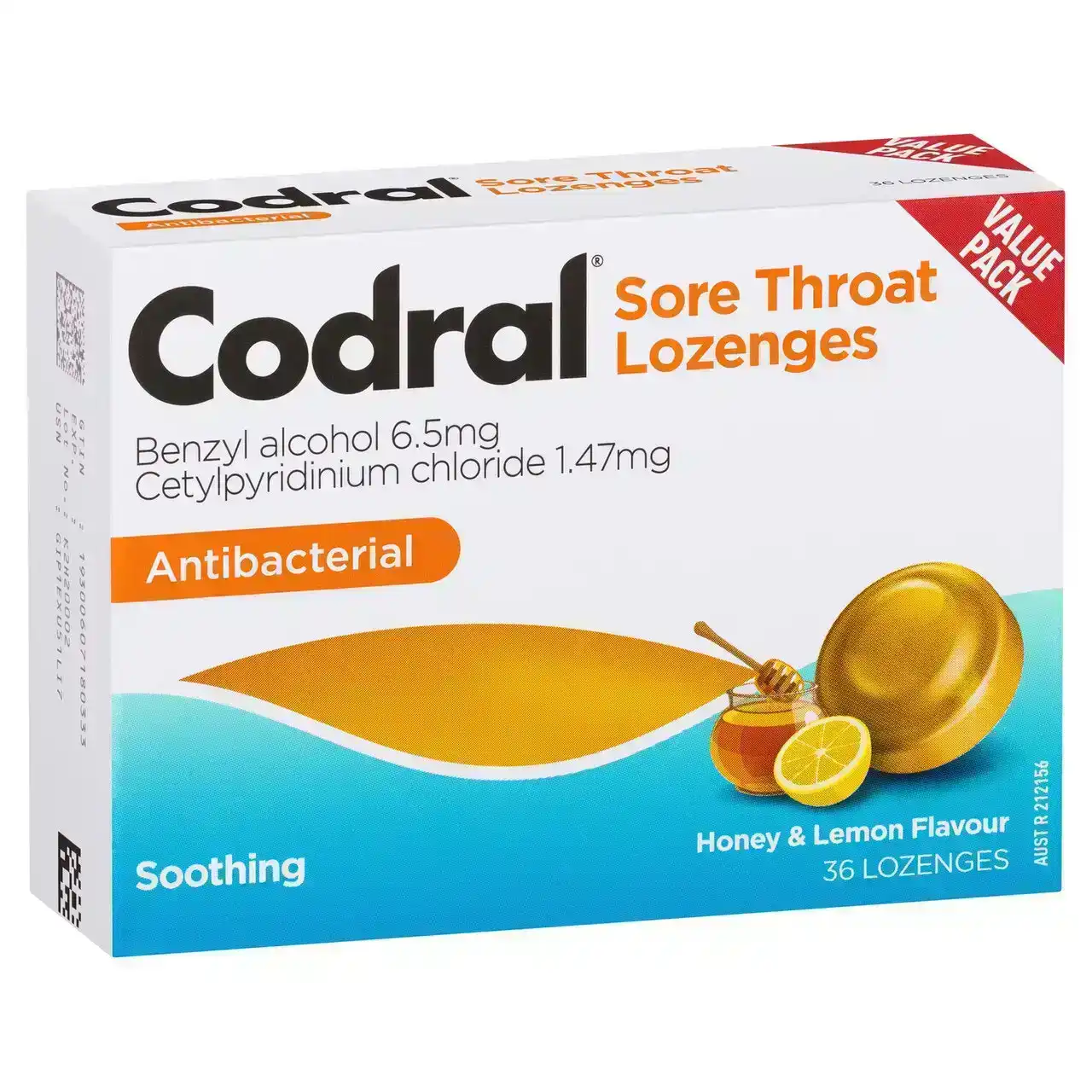 CODRAL Sore Throat Relief Lozenges Antibacterial Honey &amp; Lemon 36 Pack