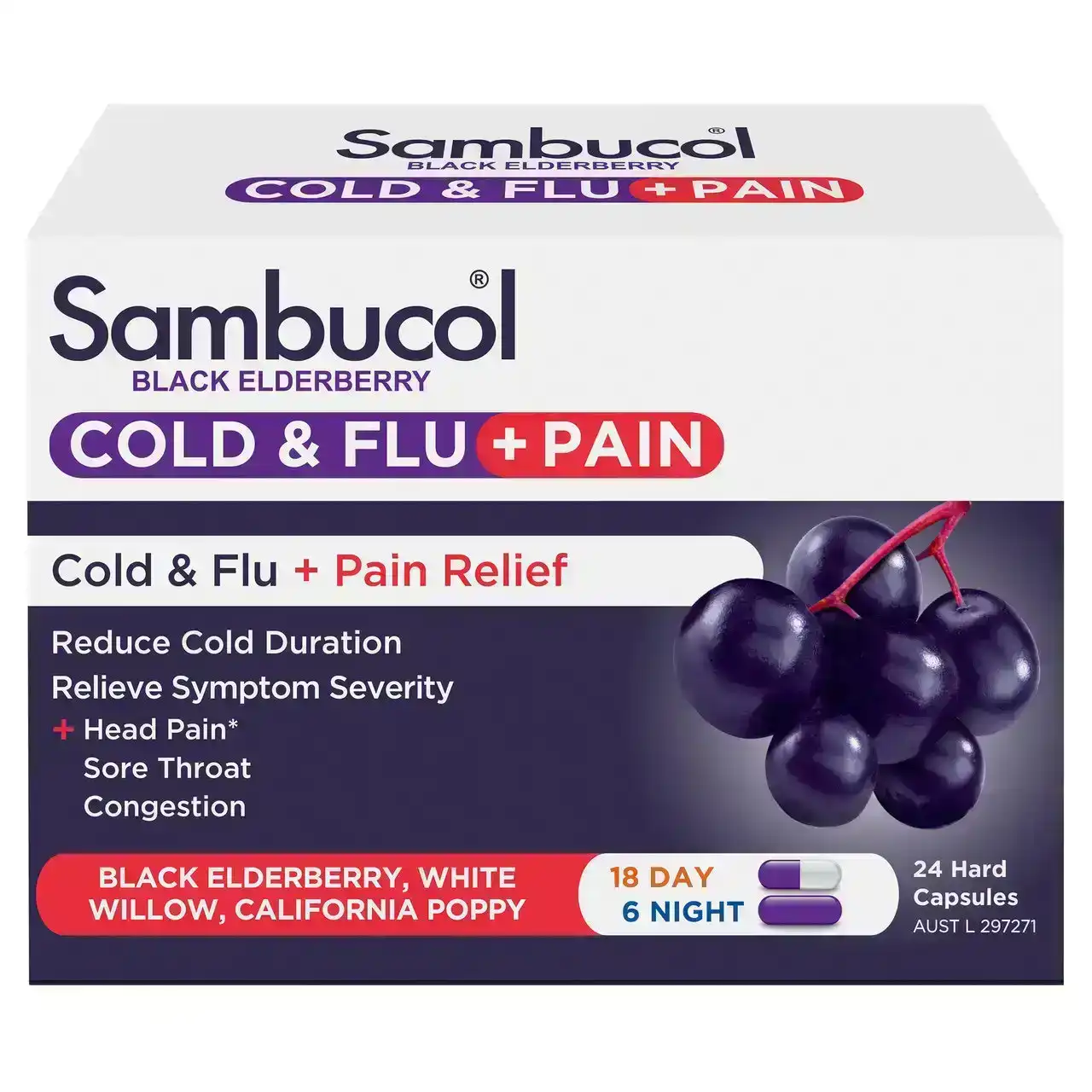 Sambucol Cold &amp; Flu + Pain Relief 24 Capsules
