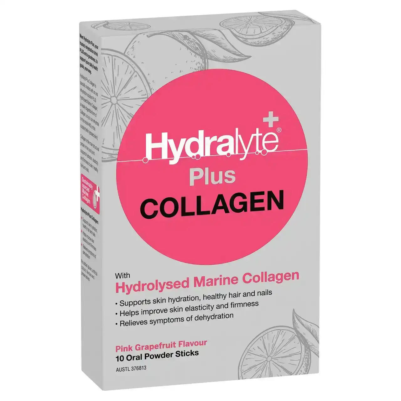 Hydralyte Plus Collagen with Hydrolysed Marine Collagen Pink Grapefruit 10 Pack