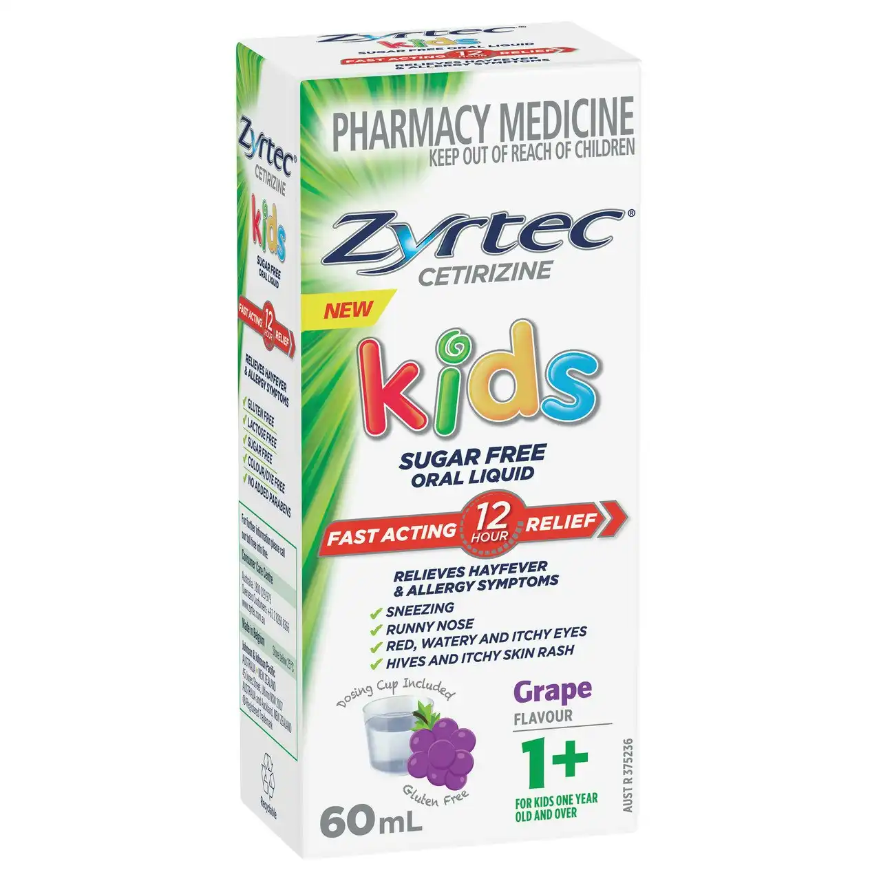 Zyrtec Kids Allergy & Hayfever Relief Antihistamine Grape Liquid 60mL