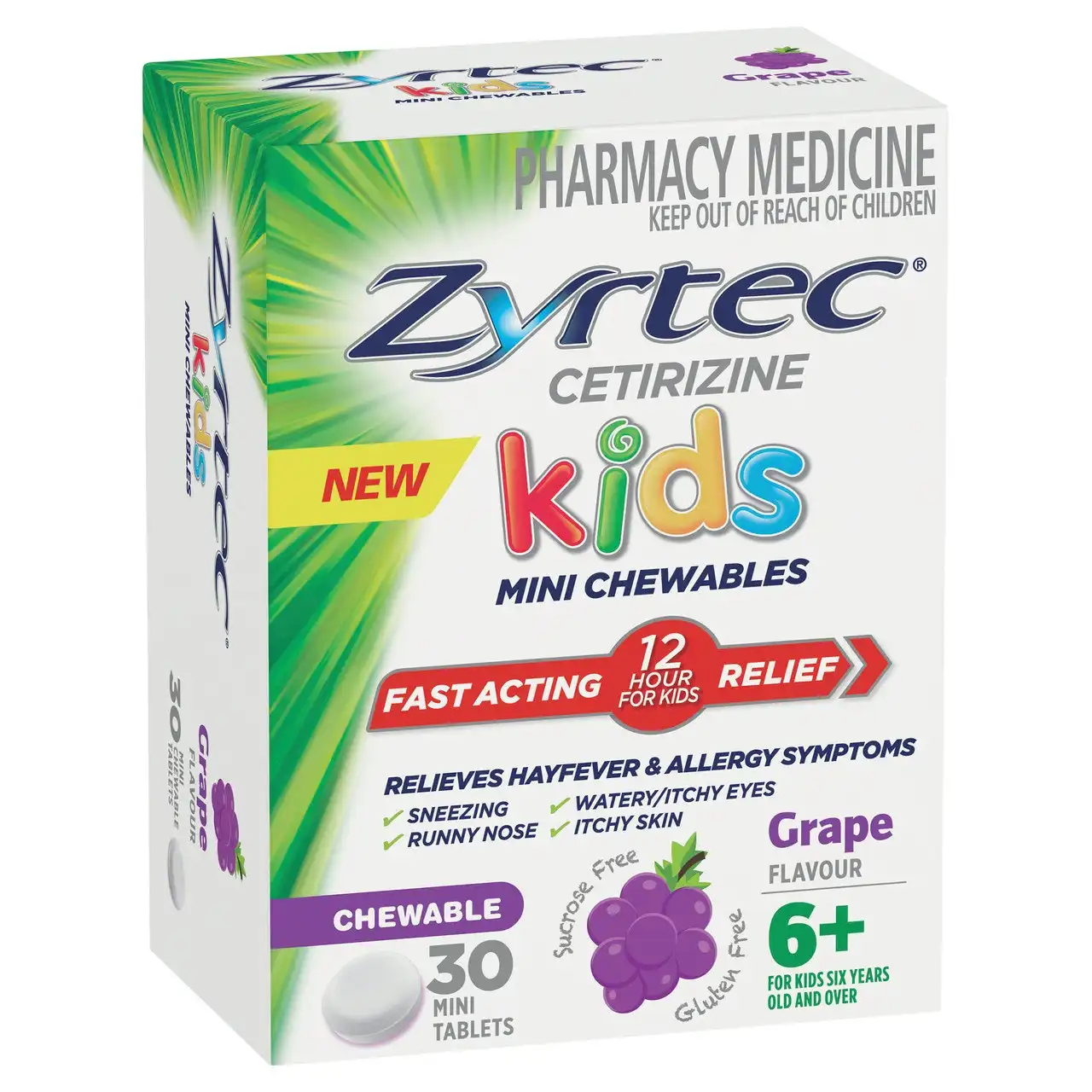 Zyrtec Kids Allergy & Hayfever Relief Antihistamine Grape Chewable Tablets 30 Pack