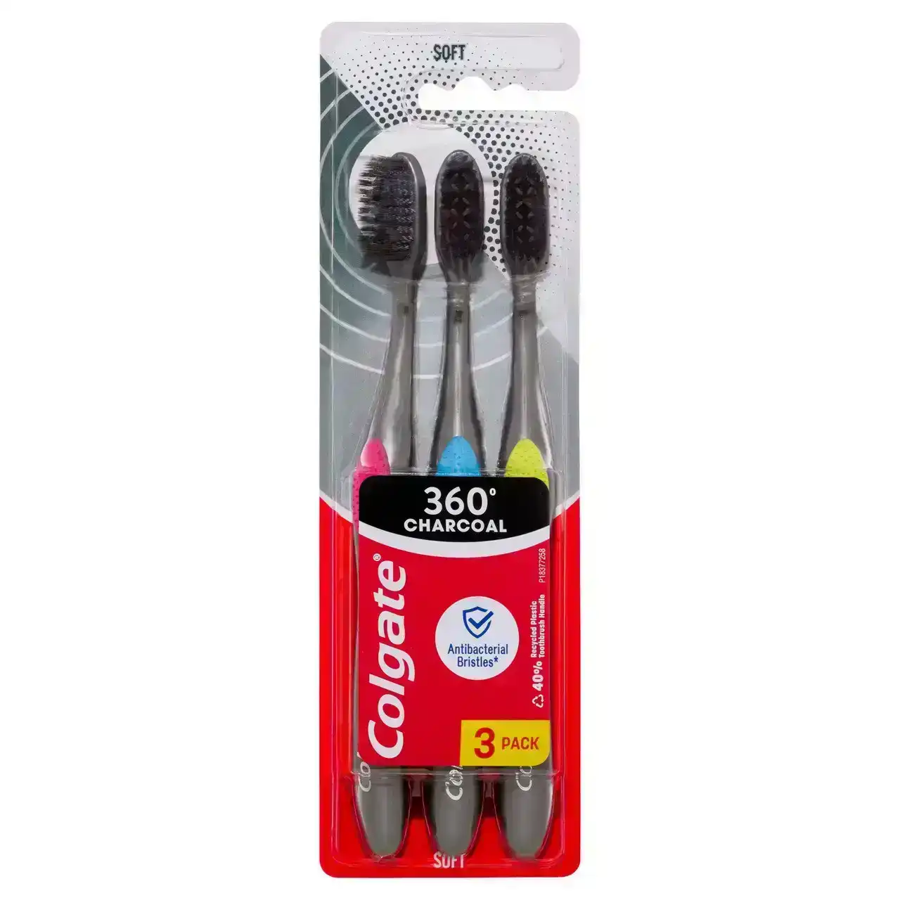 Colgate 360 Charcoal Manual Toothbrush, 3 Pack, Soft Spiral Antibacterial Bristles, Whole Mouth Clean