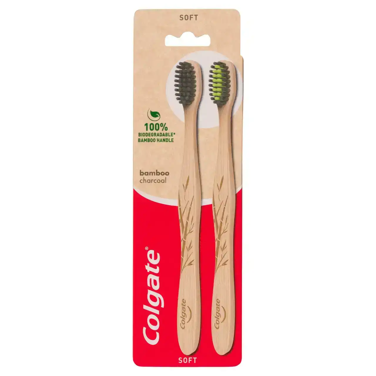 Colgate Bamboo Charcoal Manual Toothbrush, Value 2 Pack, Soft Bristles, 100% Biodegradable Bamboo Handle, BPA Free