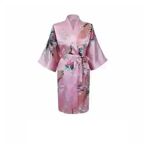 Bride Bridesmaid Gown Robe Satin Long Floral Kimono Bridal Wedding Light Pink