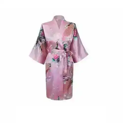 Bride Bridesmaid Gown Robe Satin Kimono Short Floral Bridal Wedding Light Pink