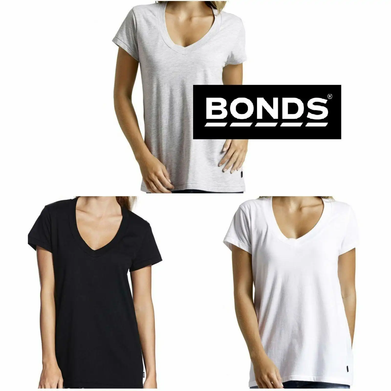 Bonds Womens Short Sleeve Basic New Vee Tee Black White Grey Tshirt Xs S M L Xl