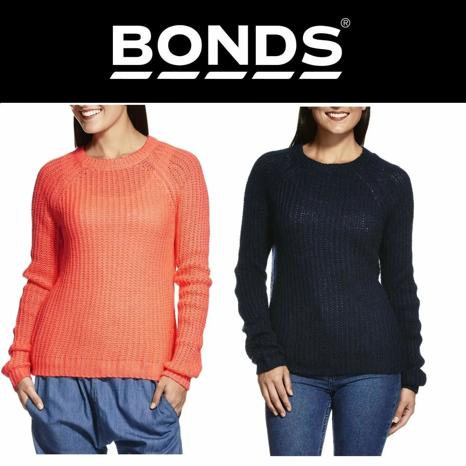 Bonds Womens Pop Knitted Knit Pullover Long Sleeve Jumper Top Navy Orange