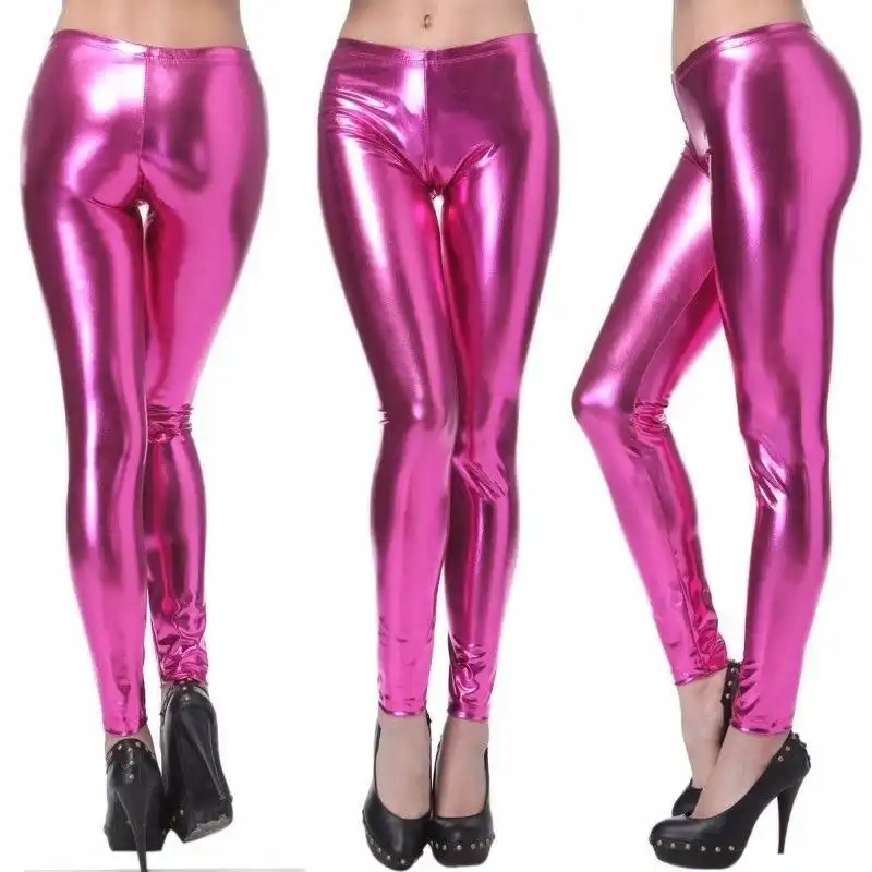 Shiny Metallic Leggings Womens Pants Ladies Pink