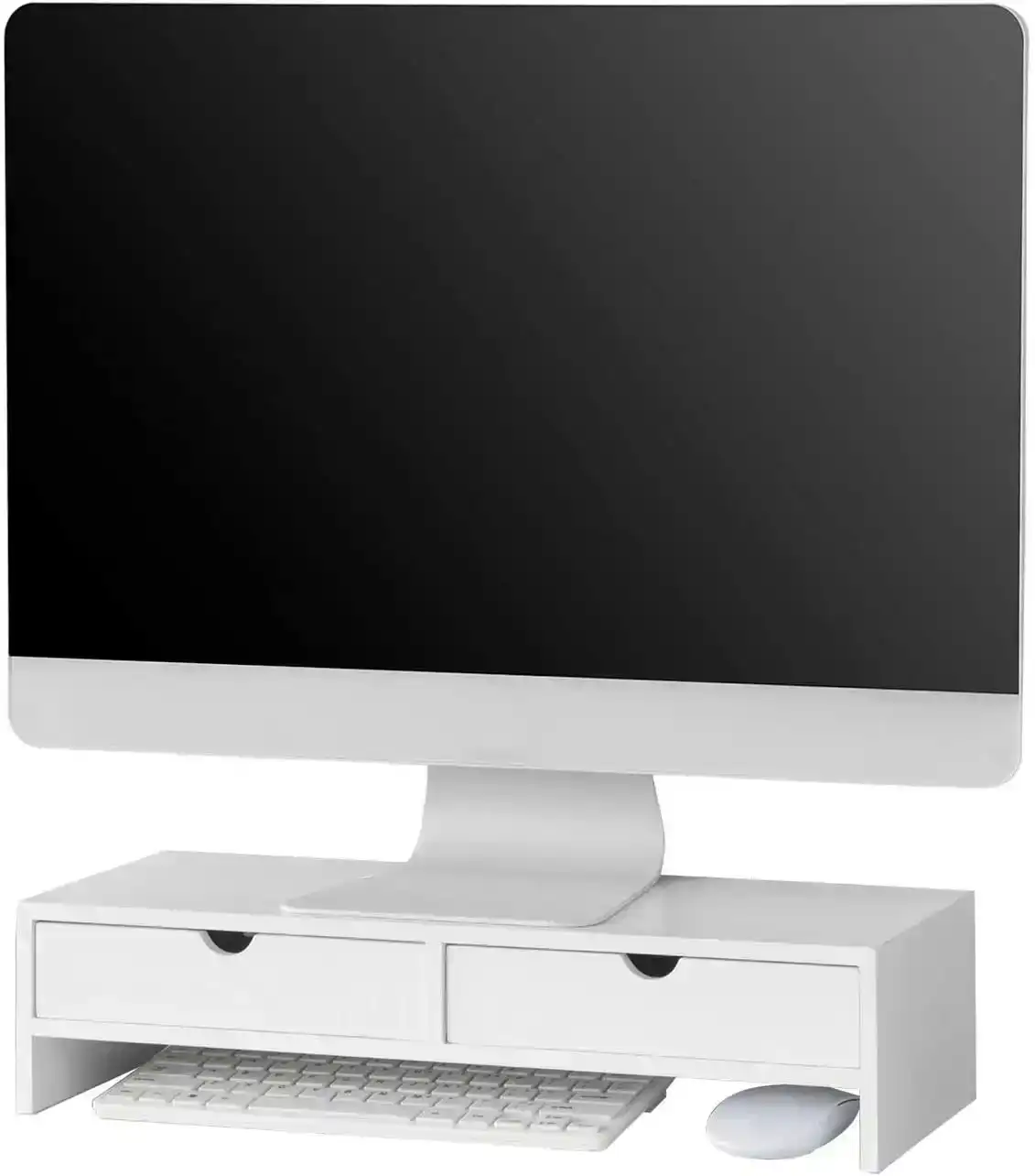 White Monitor Stand Desk Organizer With 2 Drawers - One Size