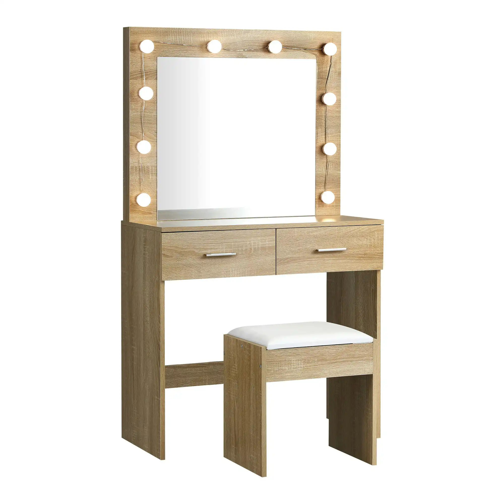 Oikiture Dressing Table Stool Set Makeup Mirror Storage Desk 10 LED Bulbs Wooden