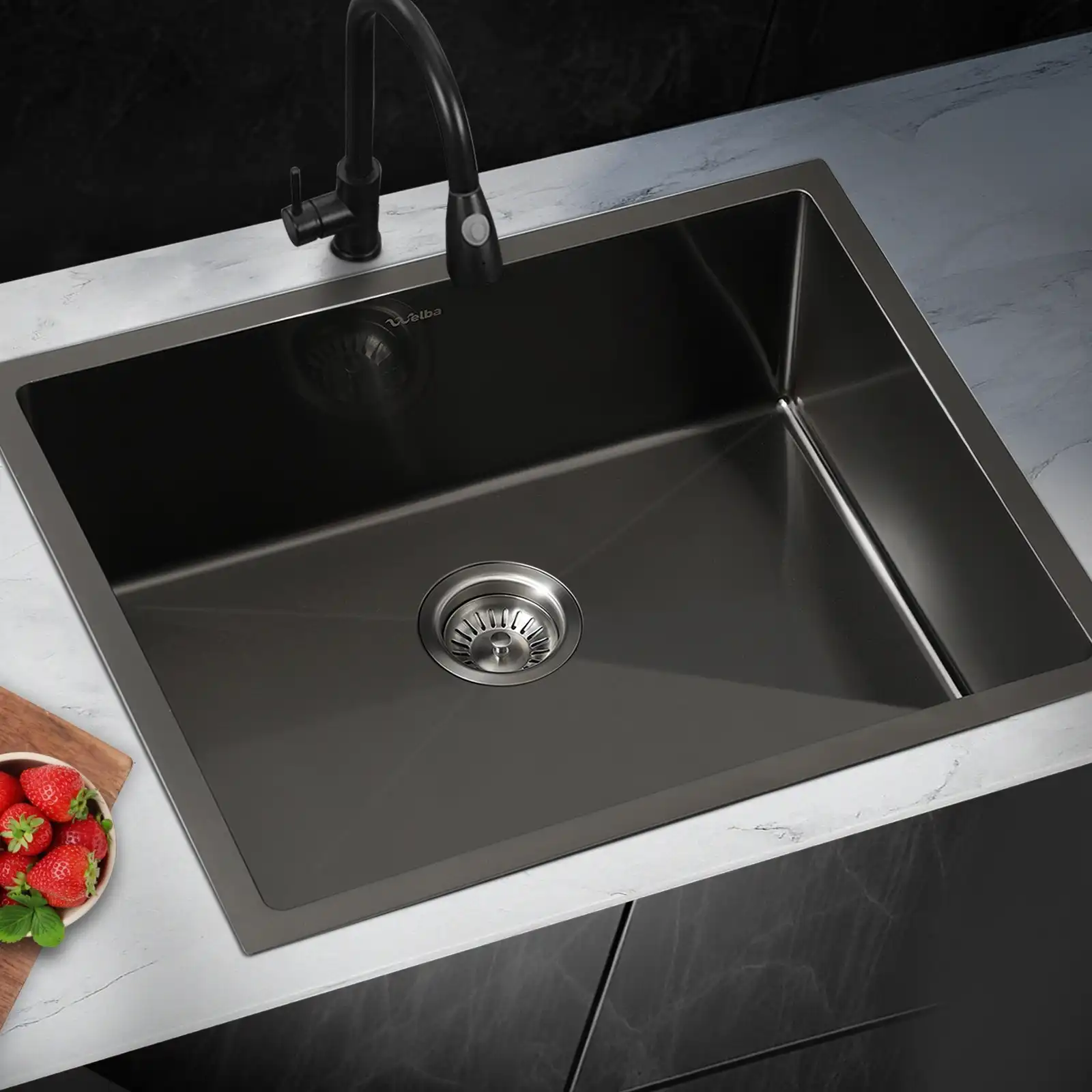 Welba Kitchen Sink Stainless Steel Bathroom Basin Single Black 60X45CM