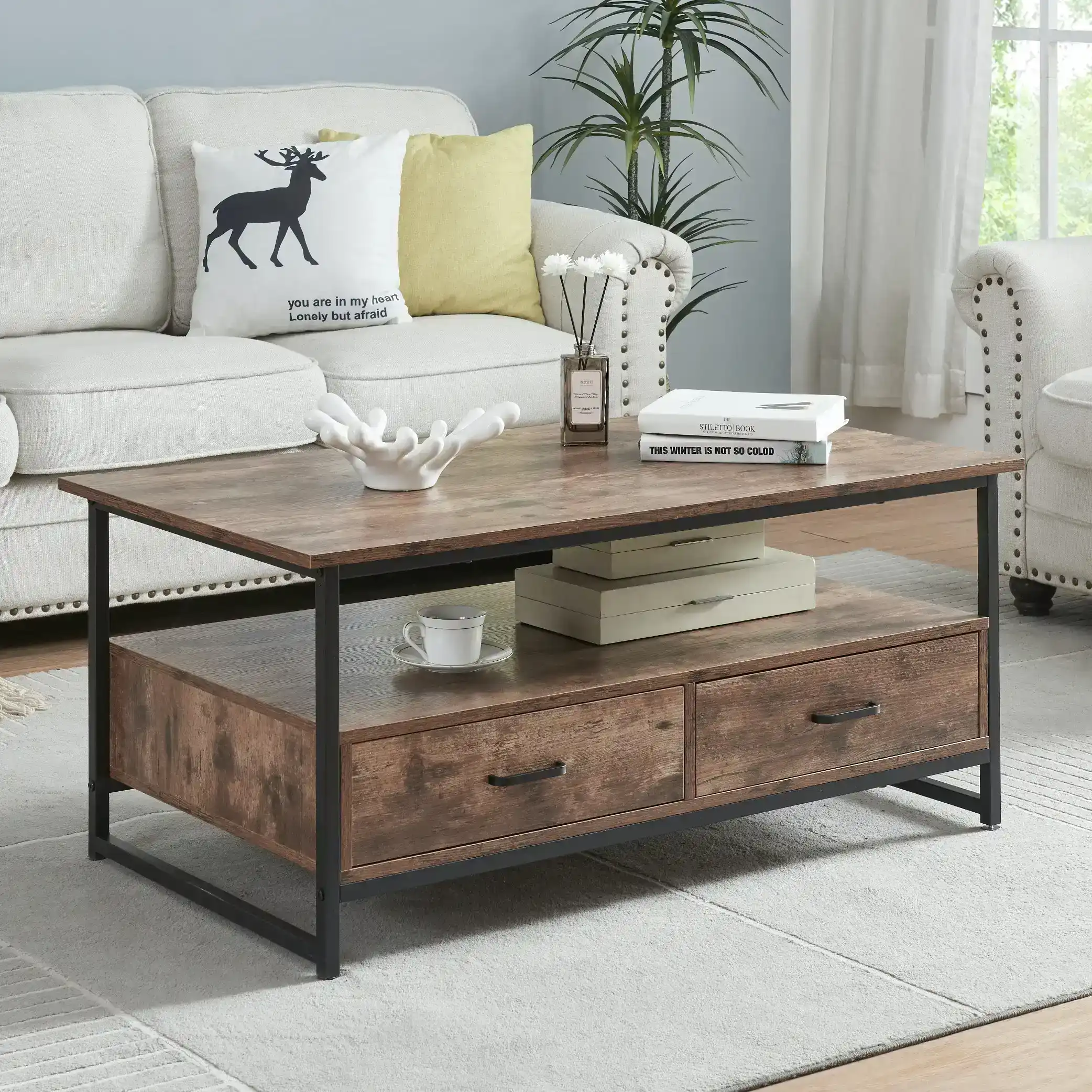 HLIVING Rectangular Farmhouse Coffee Table with Open Storage Shelves and 2 Drawers,Rustic Brown