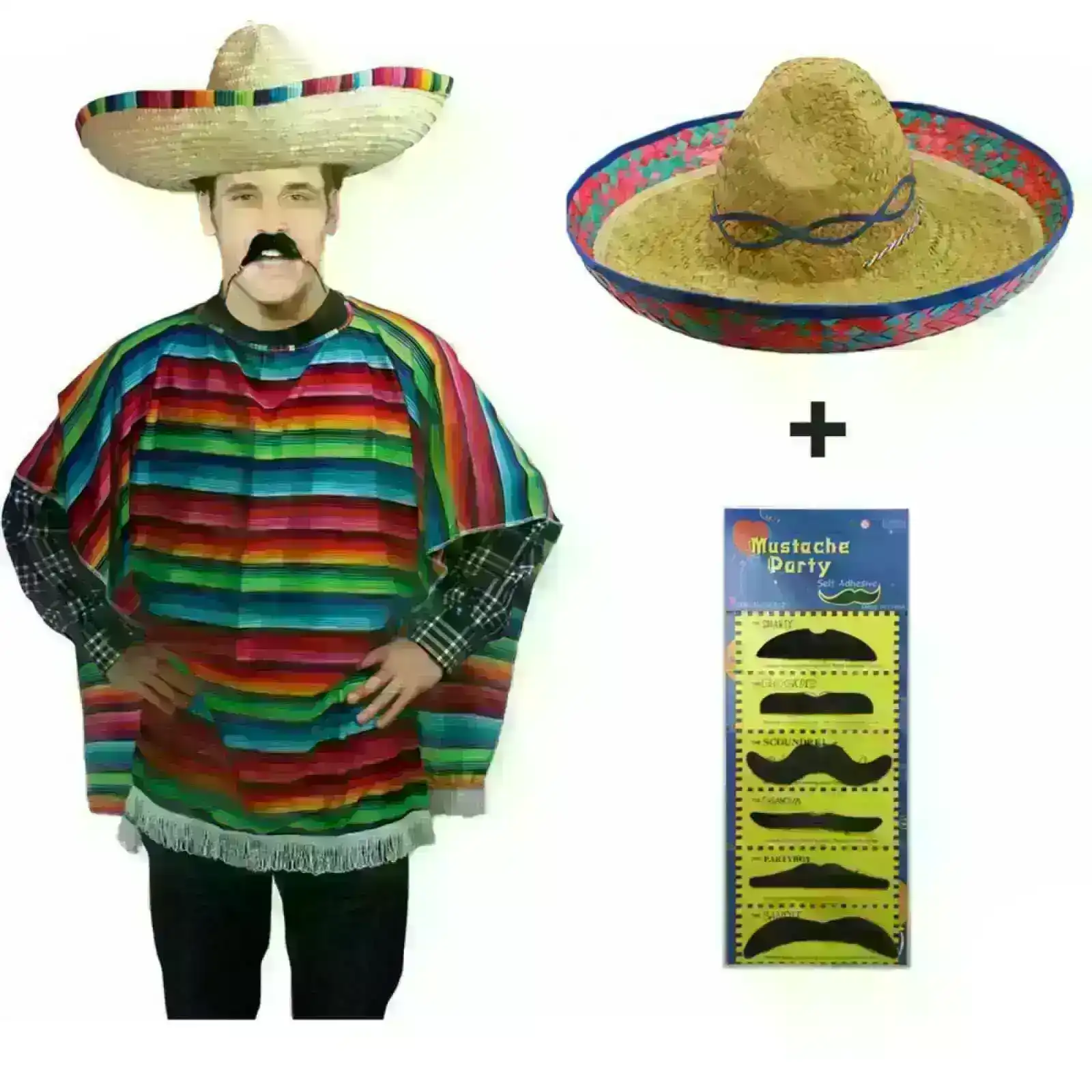MEXICAN PONCHO & SOMBRERO SET Costume Wild West Moustache Cowboy Bandit Party