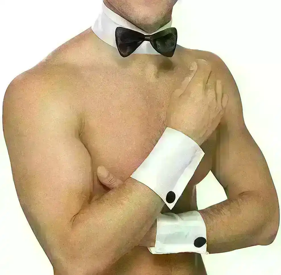 Male Stripper Set Costume Cuffs Collar & Bow Tie Sexy Waiter Fun Kit Fancy Dress