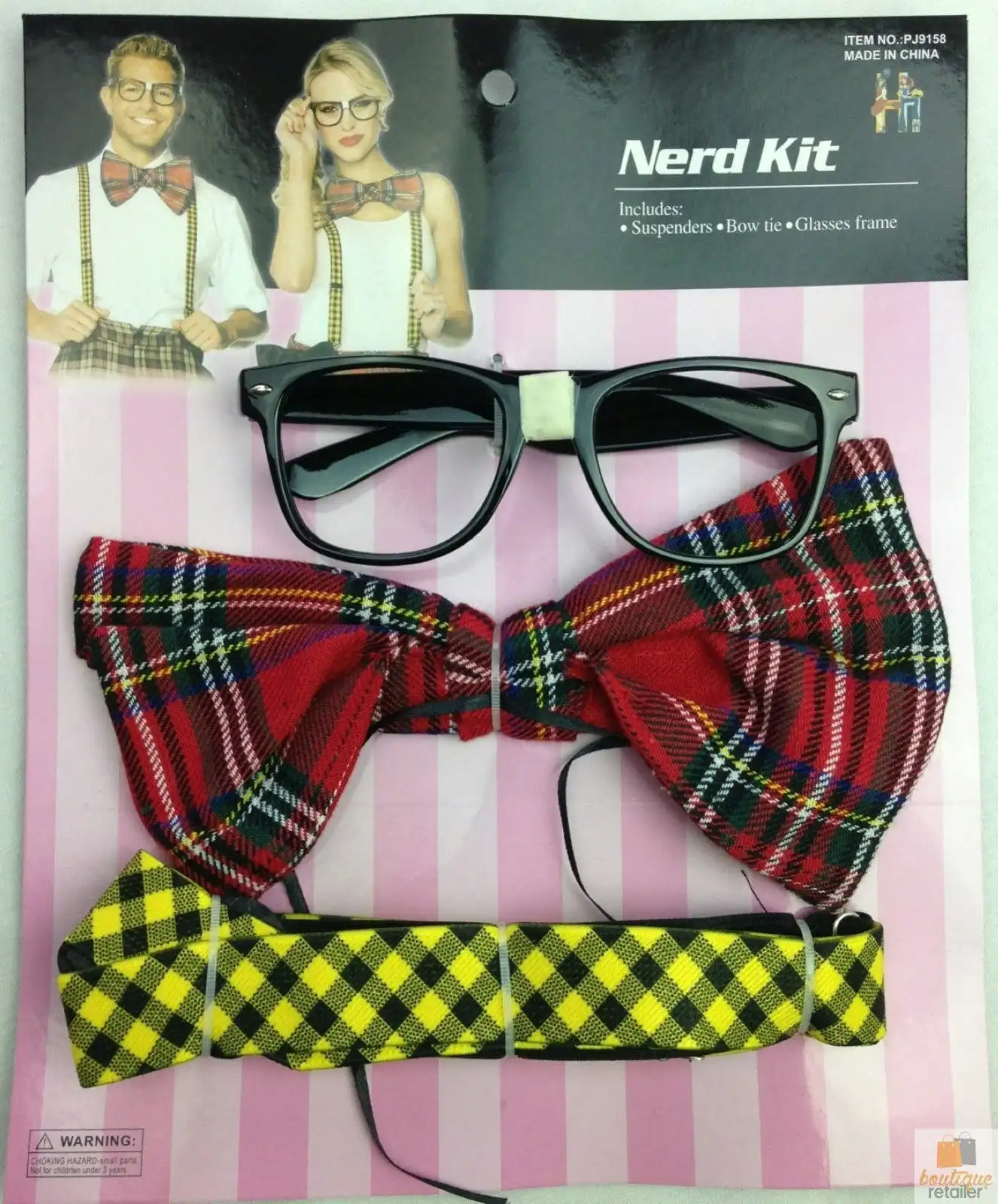 NERD COSTUME KIT Set Geek Glasses Fancy Dress Retro Funny Braces Bow Tie Party