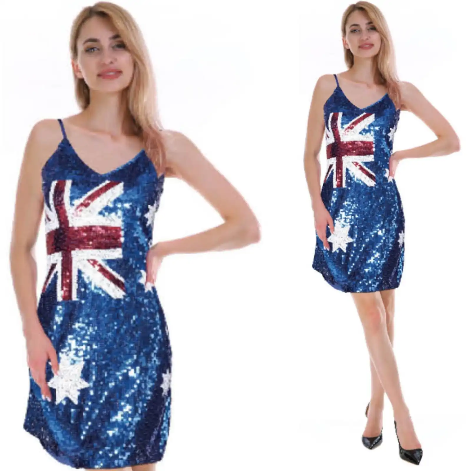 Women's Australia Flag Sequin Dress Australian Day Aussie Oz Costume