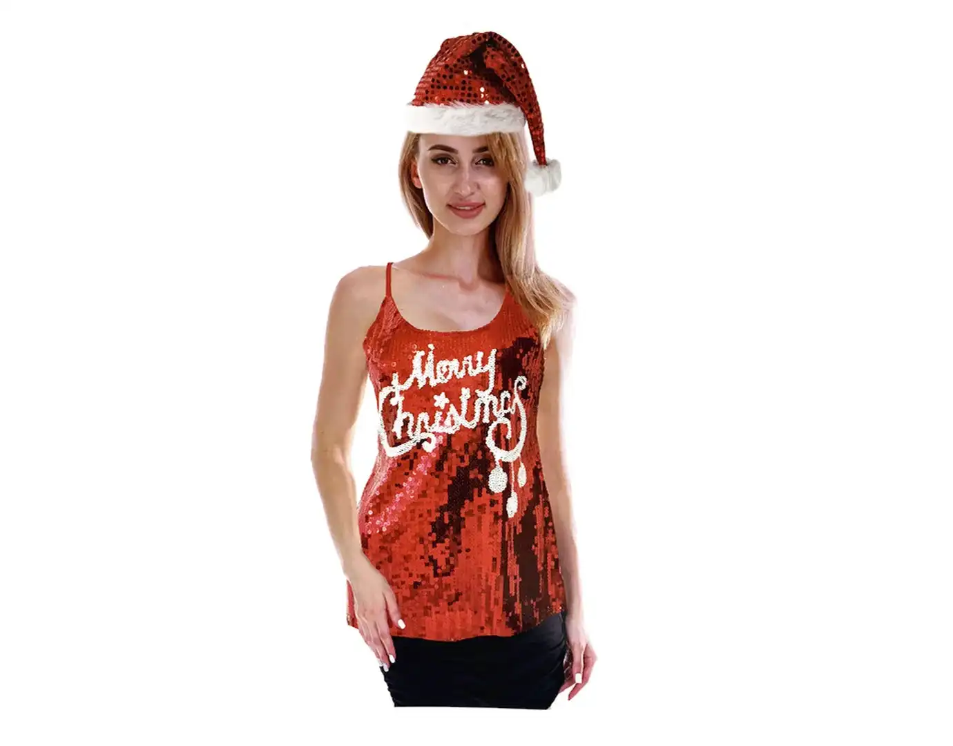 Women's Merry Christmas Sequin Singlet Camisole Cami Costume Party Xmas