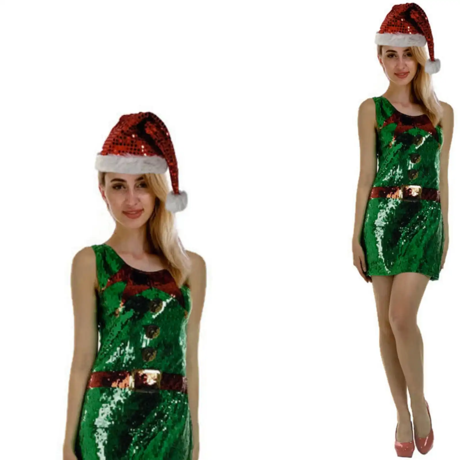 Women's Christmas Sequin Elf Dress Costume Party Dress Up Xmas Ladies