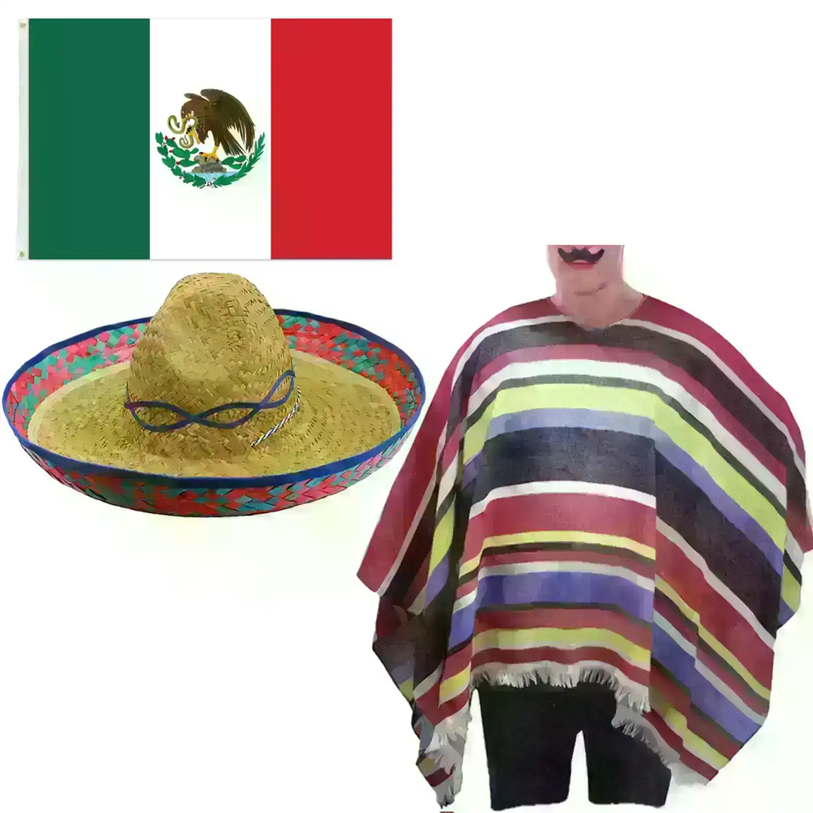 3pc Set Mexican Flag + Poncho + Sombrero Set Costume Wild West Cowboy Party