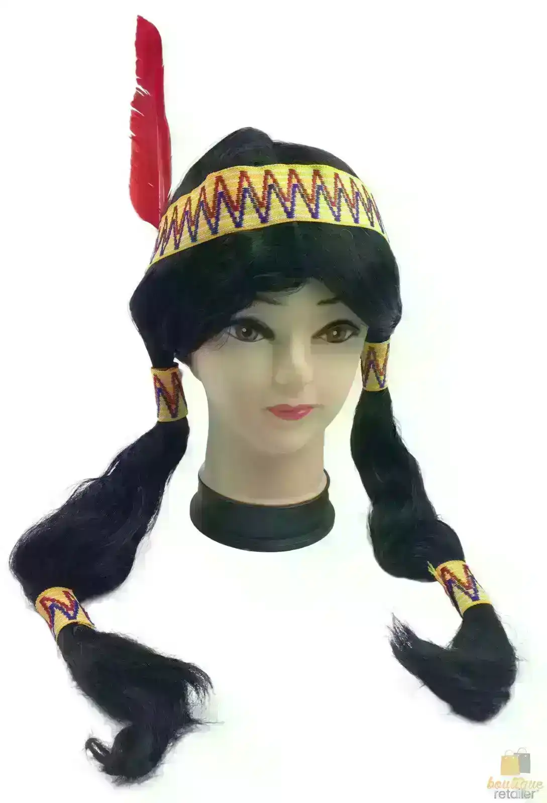 Womens Native American Wig w/ Red Feather Pigtail Indian Party Costume Hair