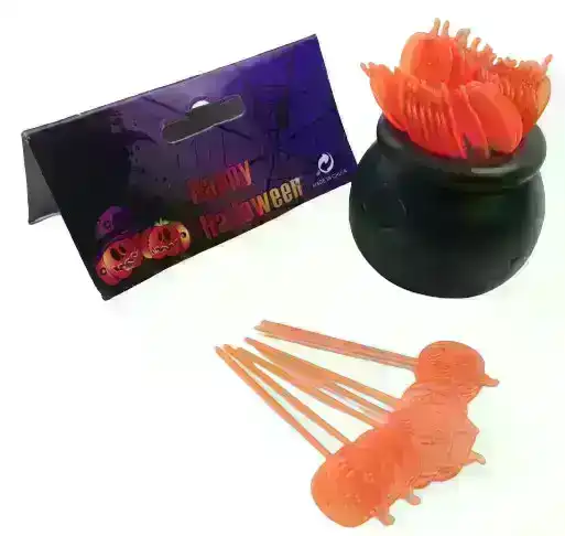 HALLOWEEN Cauldron Cupcake Party Picks Plastic Decoration Pumpkin Toothpicks - Orange