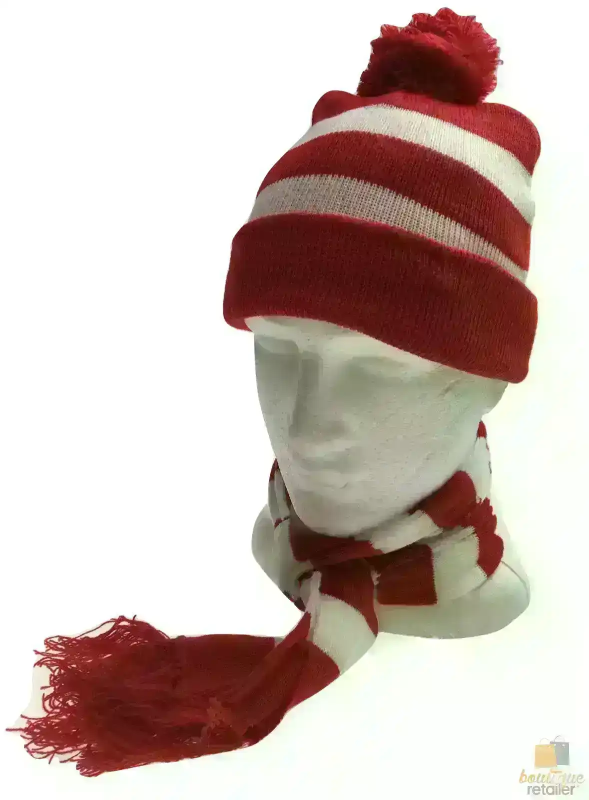 Red White Stripe BEANIE & SCARF SET Hat Where's Wally Waldo Costume Ski Winter Cap