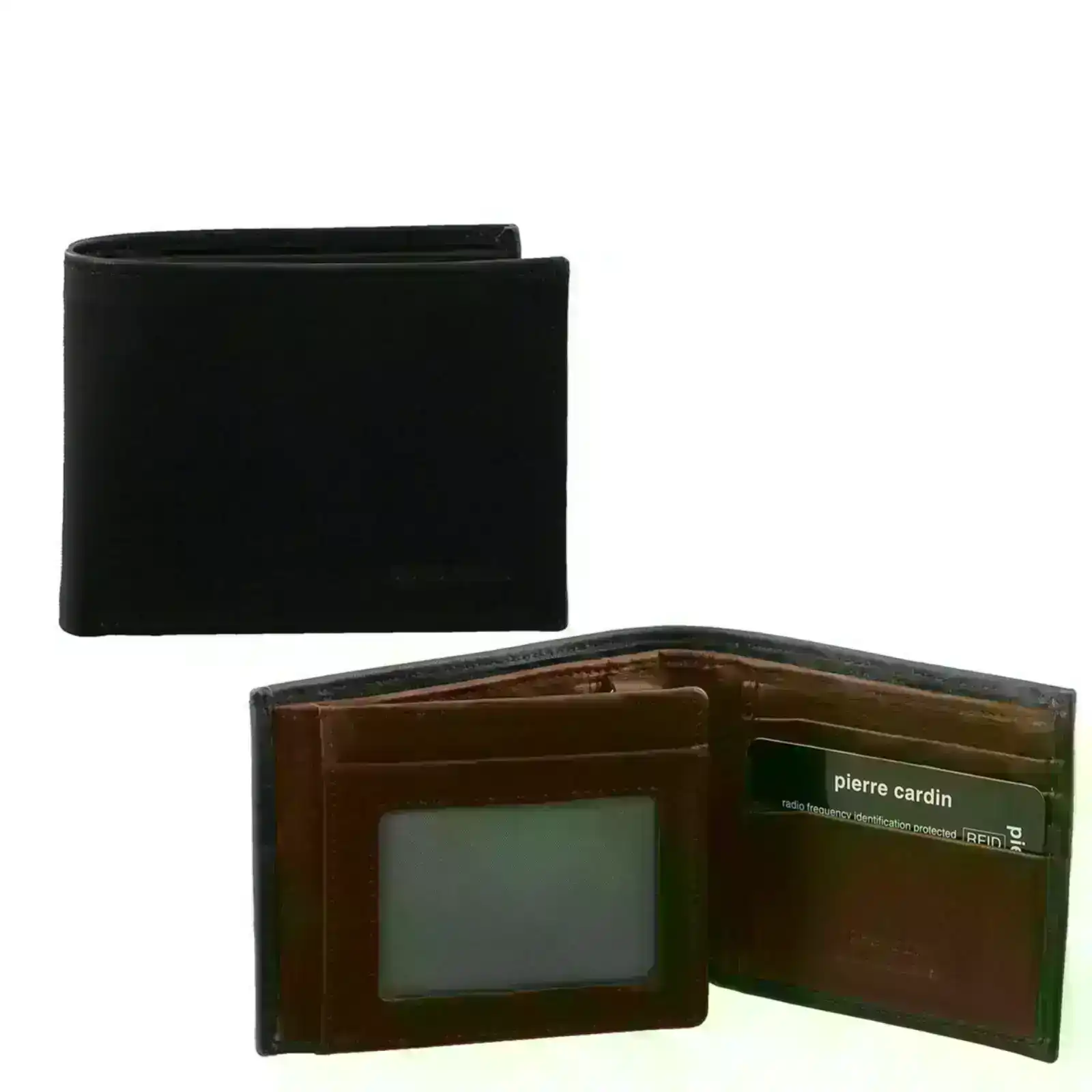 Pierre Cardin Italian Genuine Leather Mens Two Tone Bi Fold Wallet- Black/Cognac