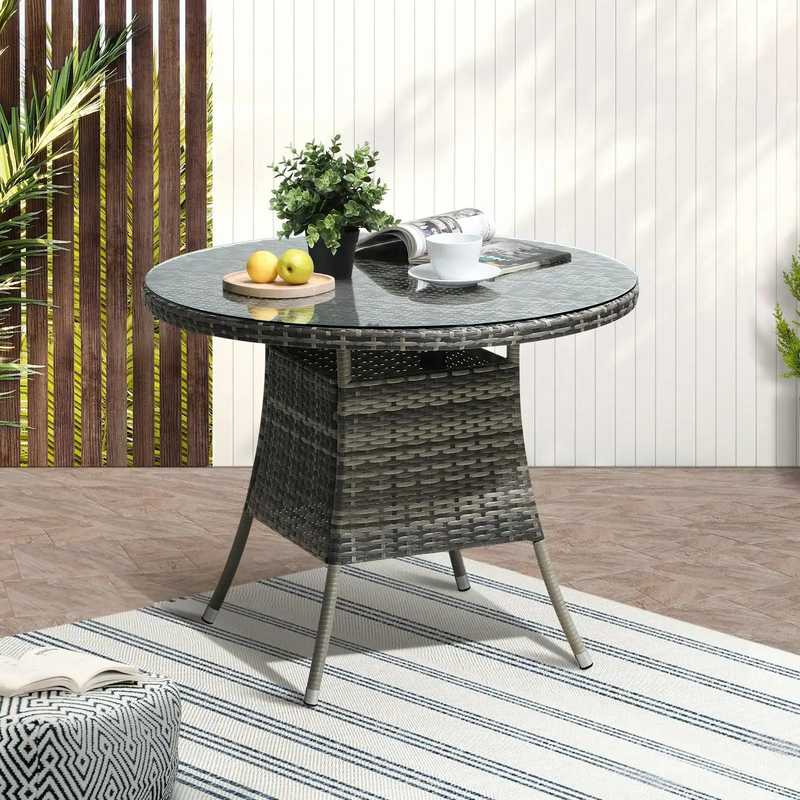 Livsip 90CM Outdoor Dining Table Round Rattan Glass Table Patio Furniture Grey
