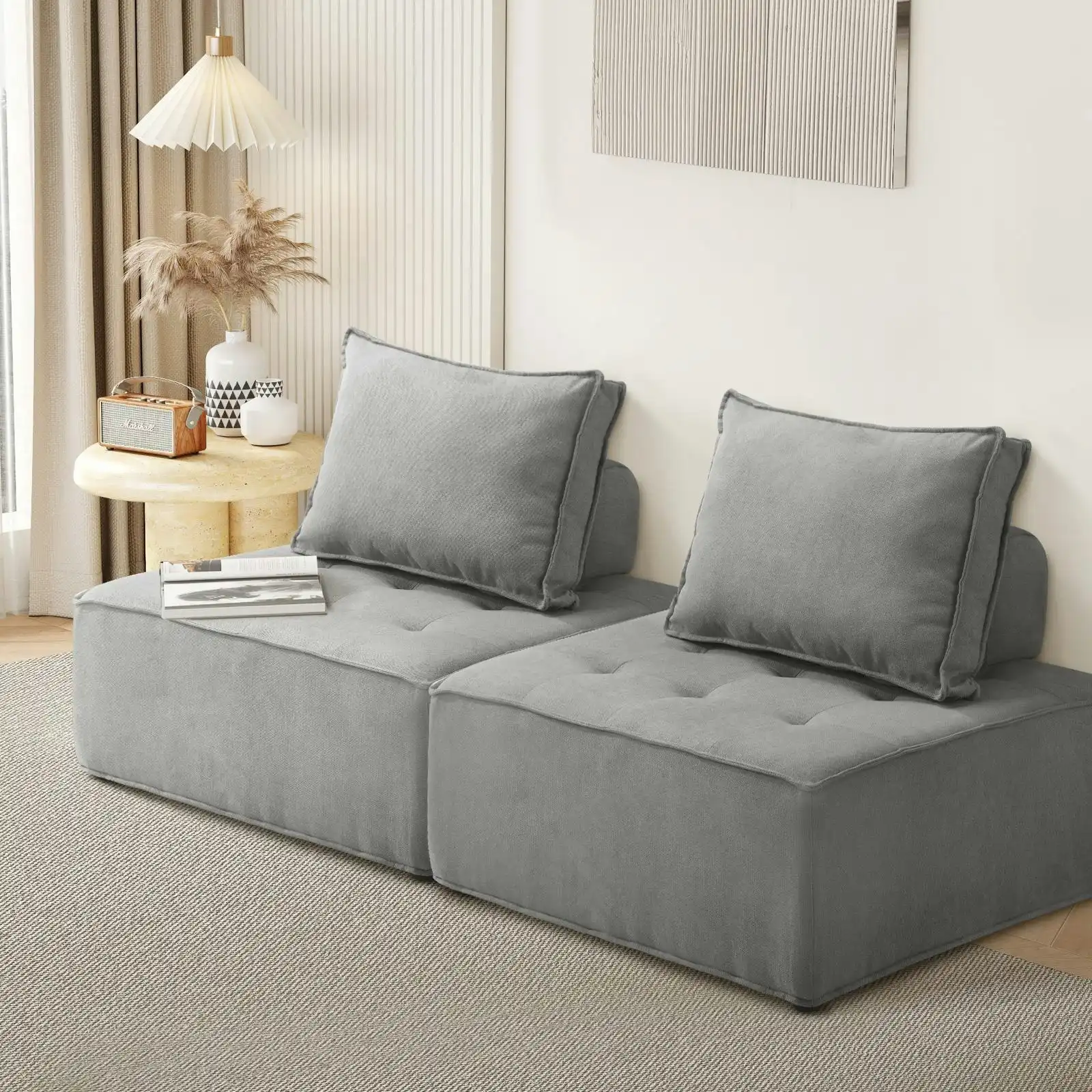 Oikiture 2PCS Modular Sofa Lounge Chair Armless Adjustable Back Linen Grey