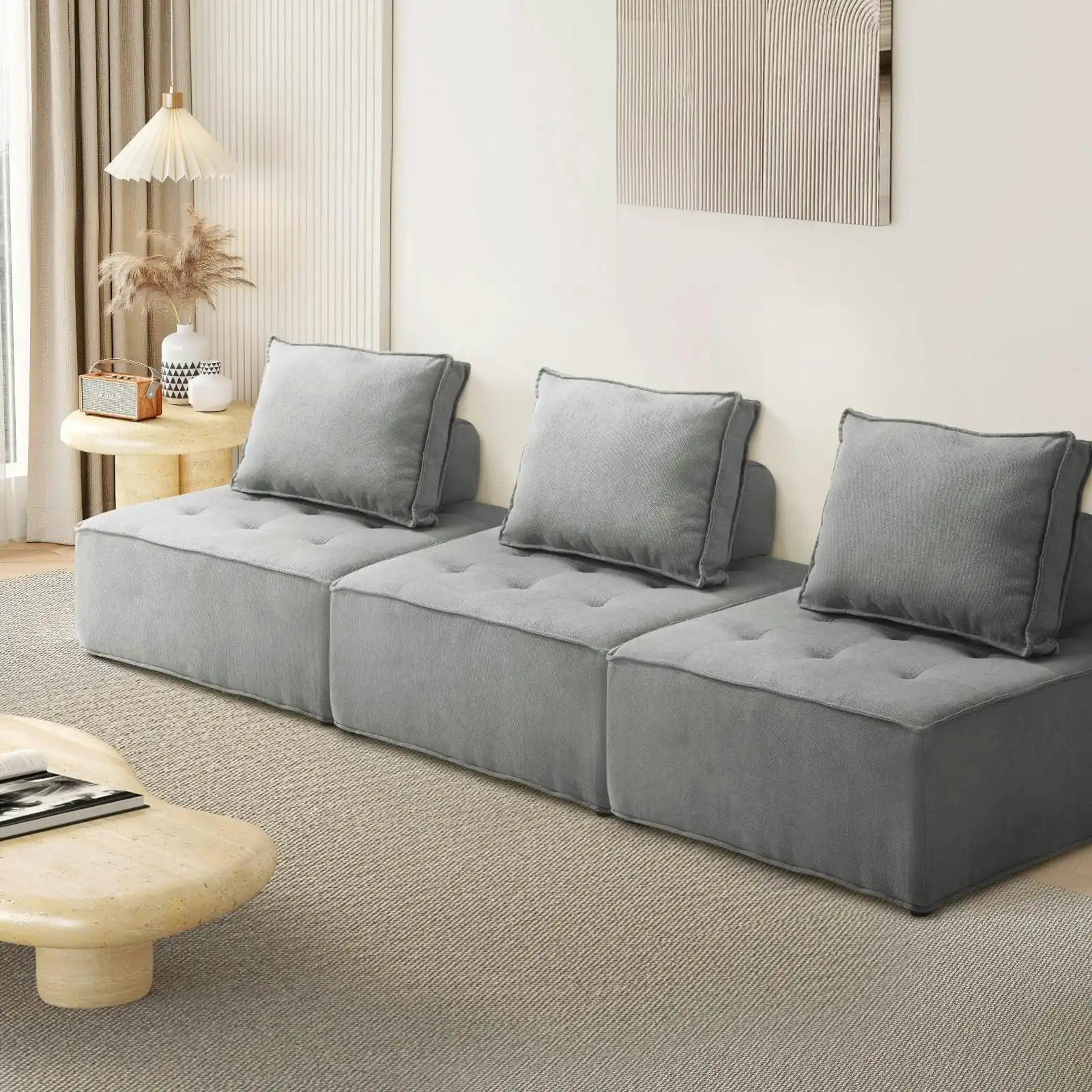 Oikiture 3PCS Modular Sofa Lounge Chair Armless Adjustable Back Linen Grey