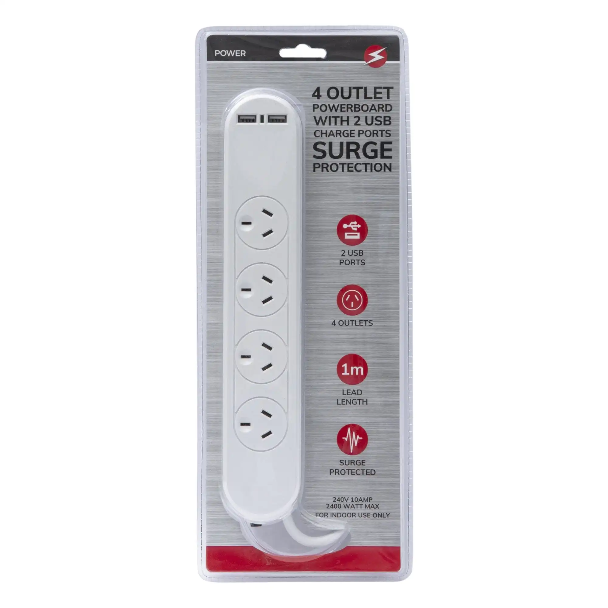 4 Outlet Powerboard With Surge Protection and Dual USB Charger