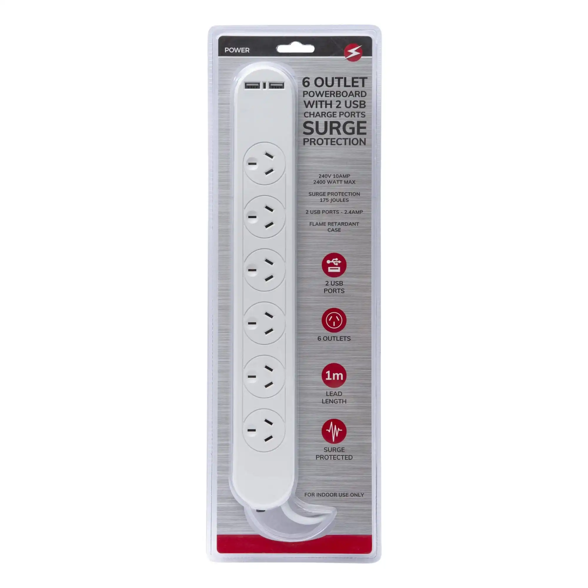 6 Outlet Powerboard With Surge Protection and Dual USB Charger