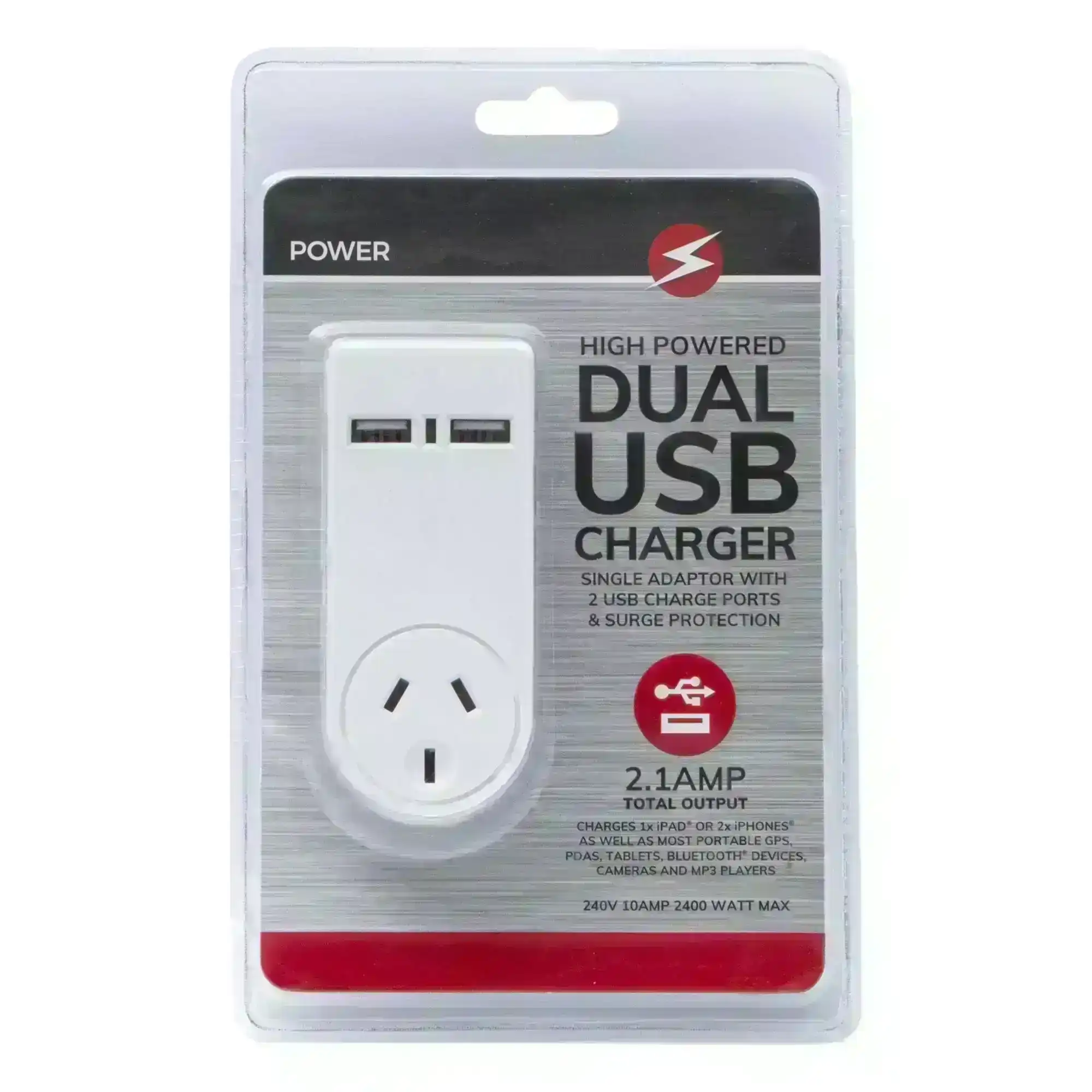 2 x 2400W High Powered Dual USB Charger Adaptor With Surge Protection