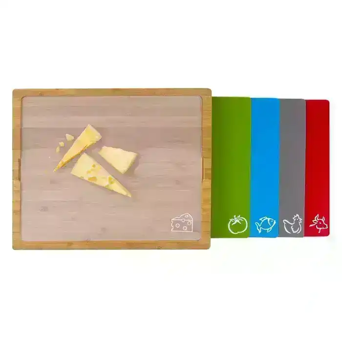 Bamboo Chopping Board with set of 5 Color-Coded Flexible Cutting Mats